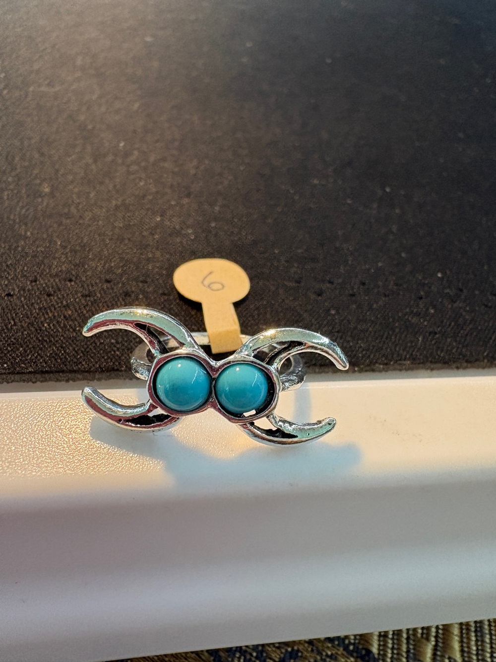 Silver-Tone Crescent Ring with Turquoise Cabochons Size 6